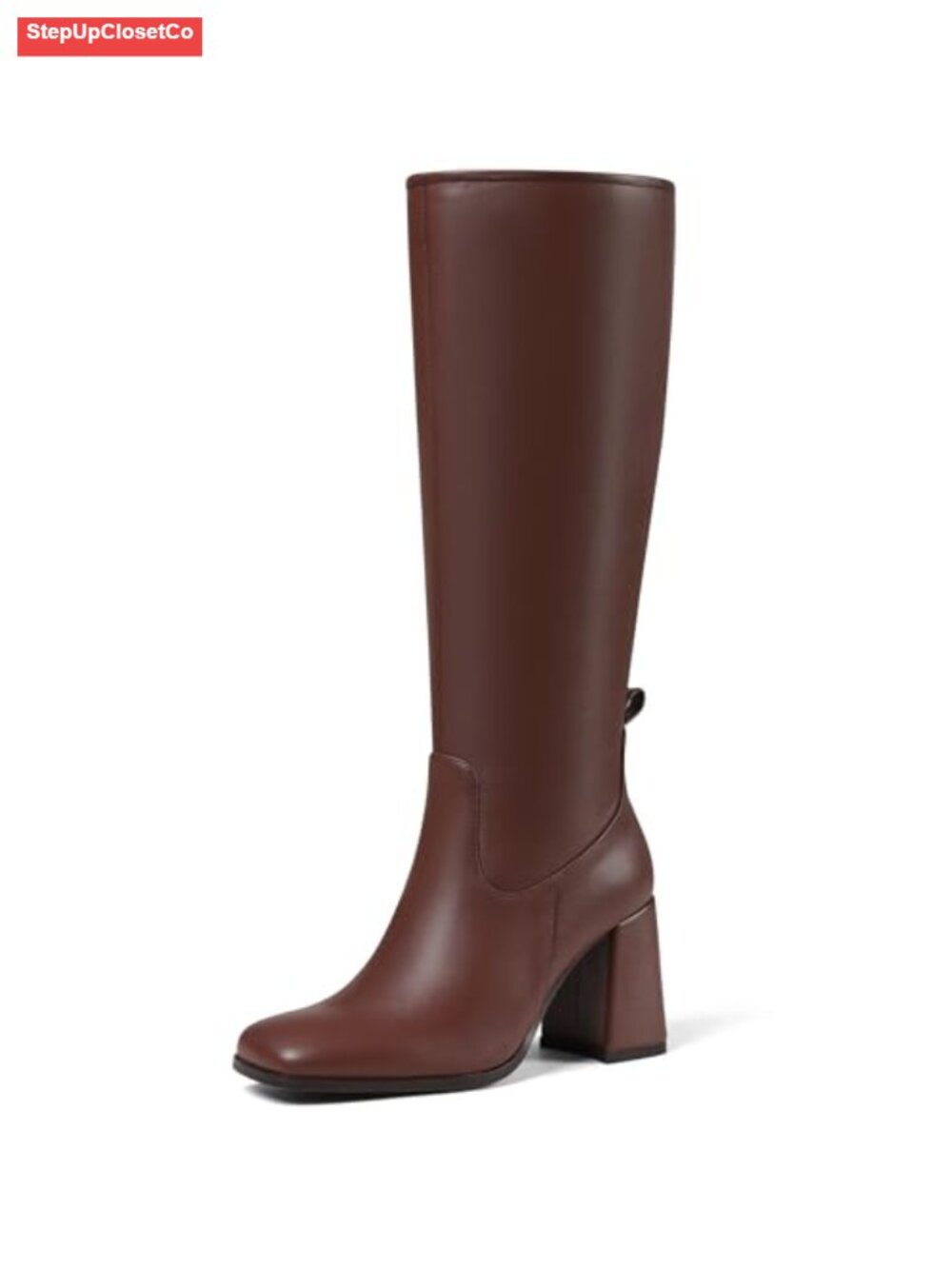 Knee High Boots Square Toe Chunky Block Heel Side Zipper Wide Calf